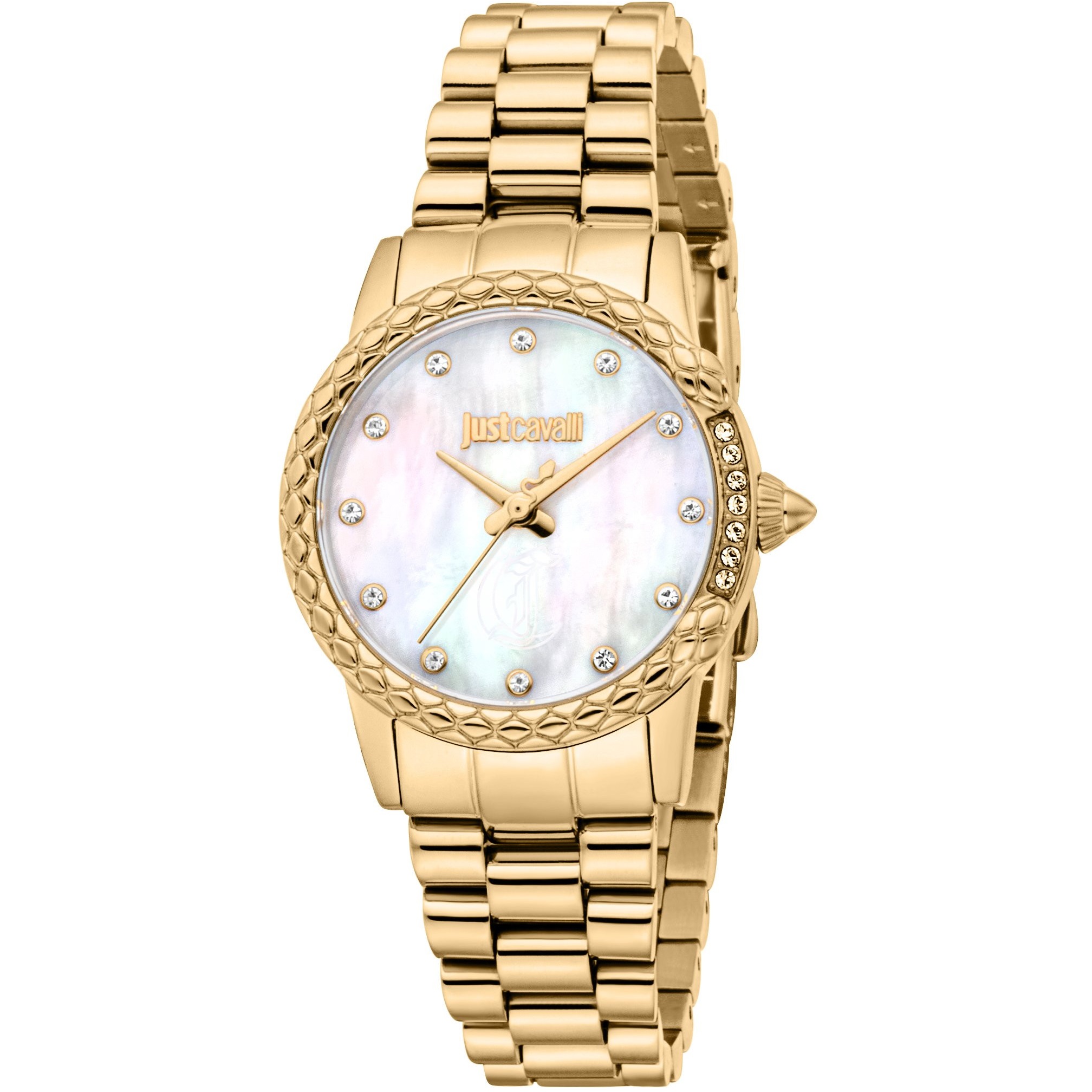 JUST CAVALLI Snake White MOP Dial 30mm Gold Stainless Steel Bracelet JC1L310M0065 - 