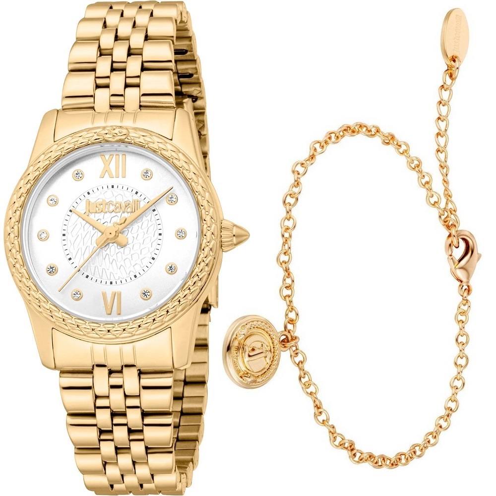 JUST CAVALLI Animalier Sublime Gift Set Silver Dial 30mm Gold Stainless Steel Bracelet JC1L360M0055 - 