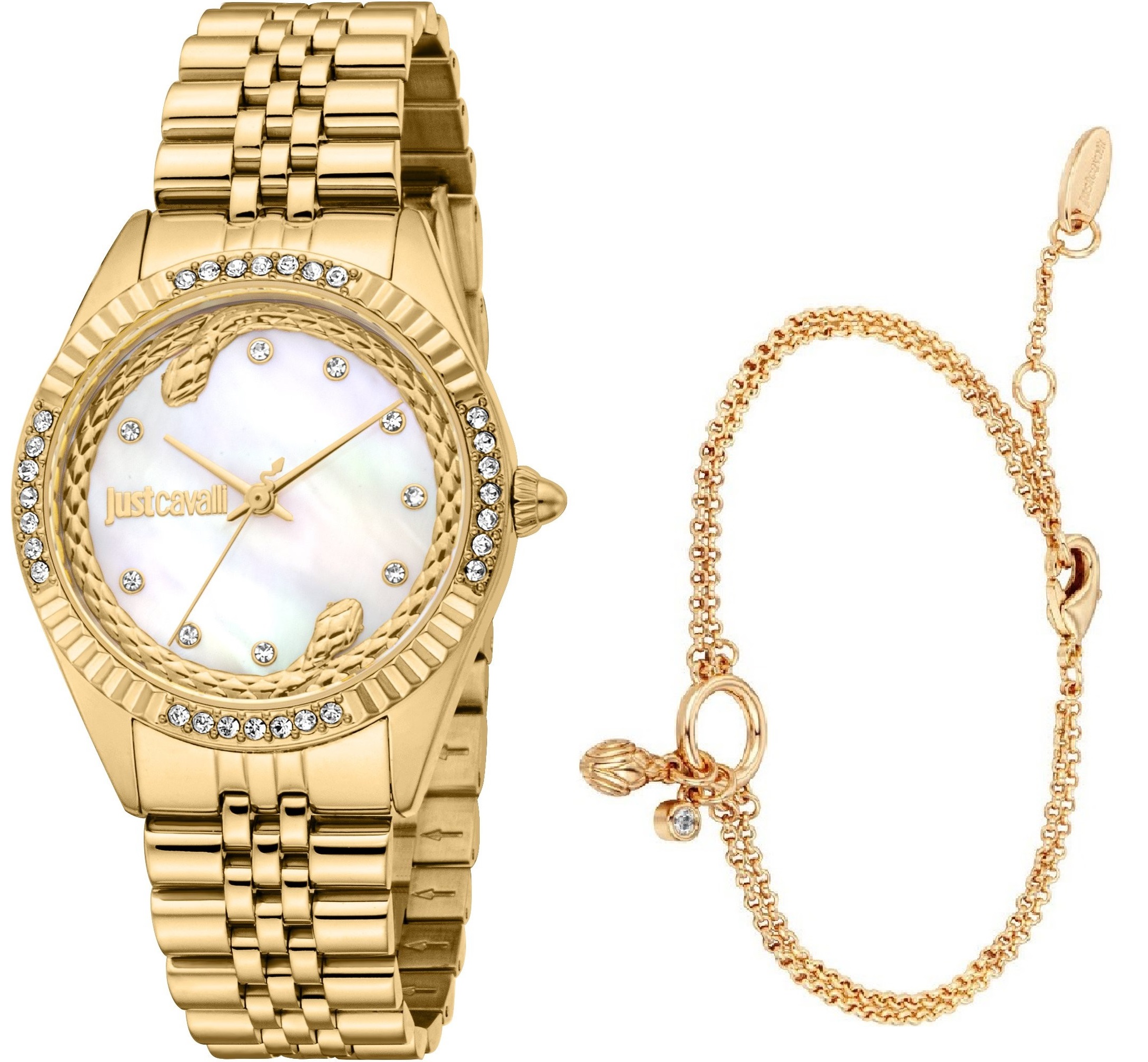 JUST CAVALLI Glam Gift Set White MOP Dial 32mm Gold Stainless Steel Bracelet JC1L361M0055 - 