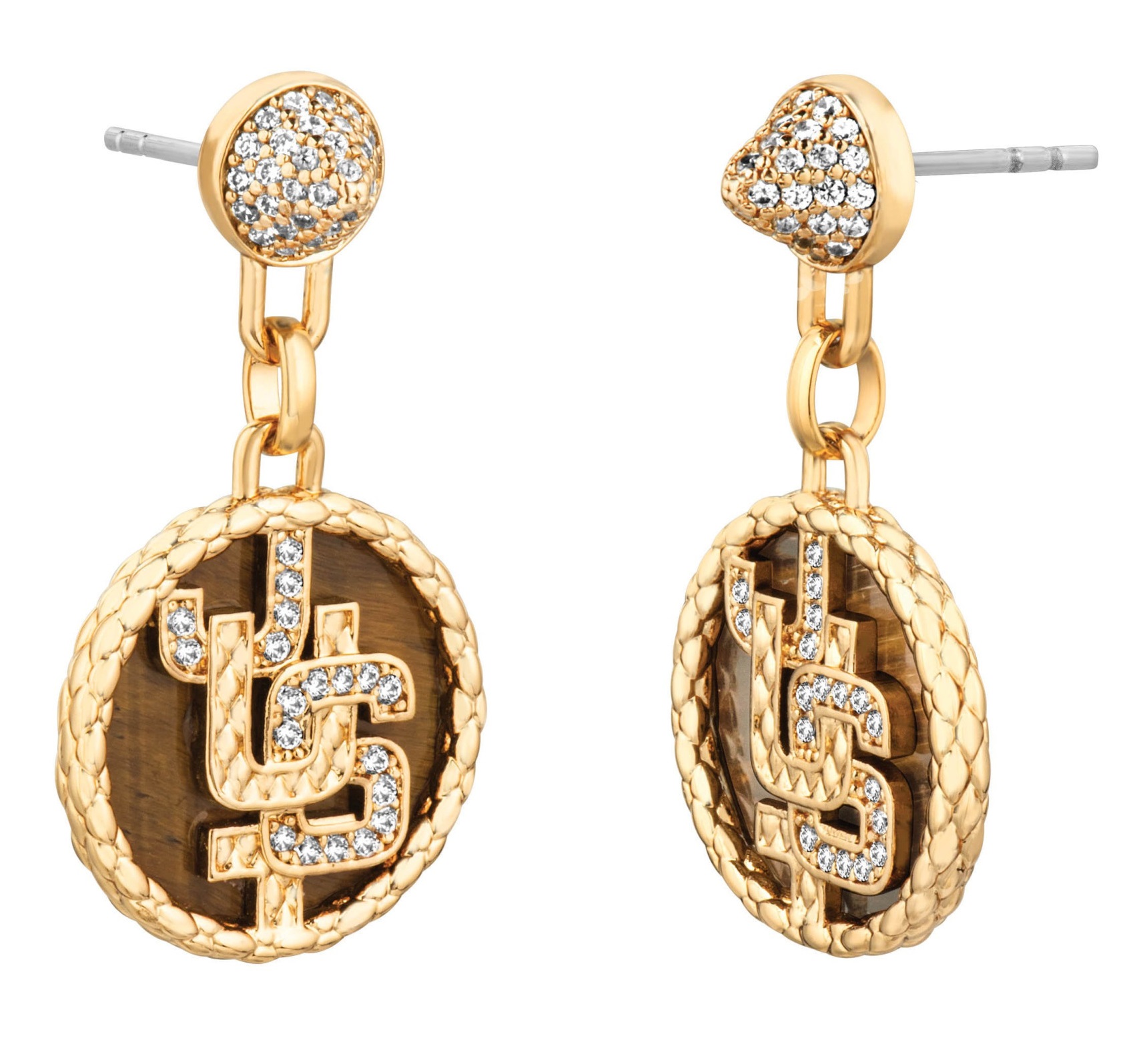 JUST CAVALLI Logo Earrings Gold Stainless Steel with Tiger Eye Stones and Cubic Zirconia JCER01393400