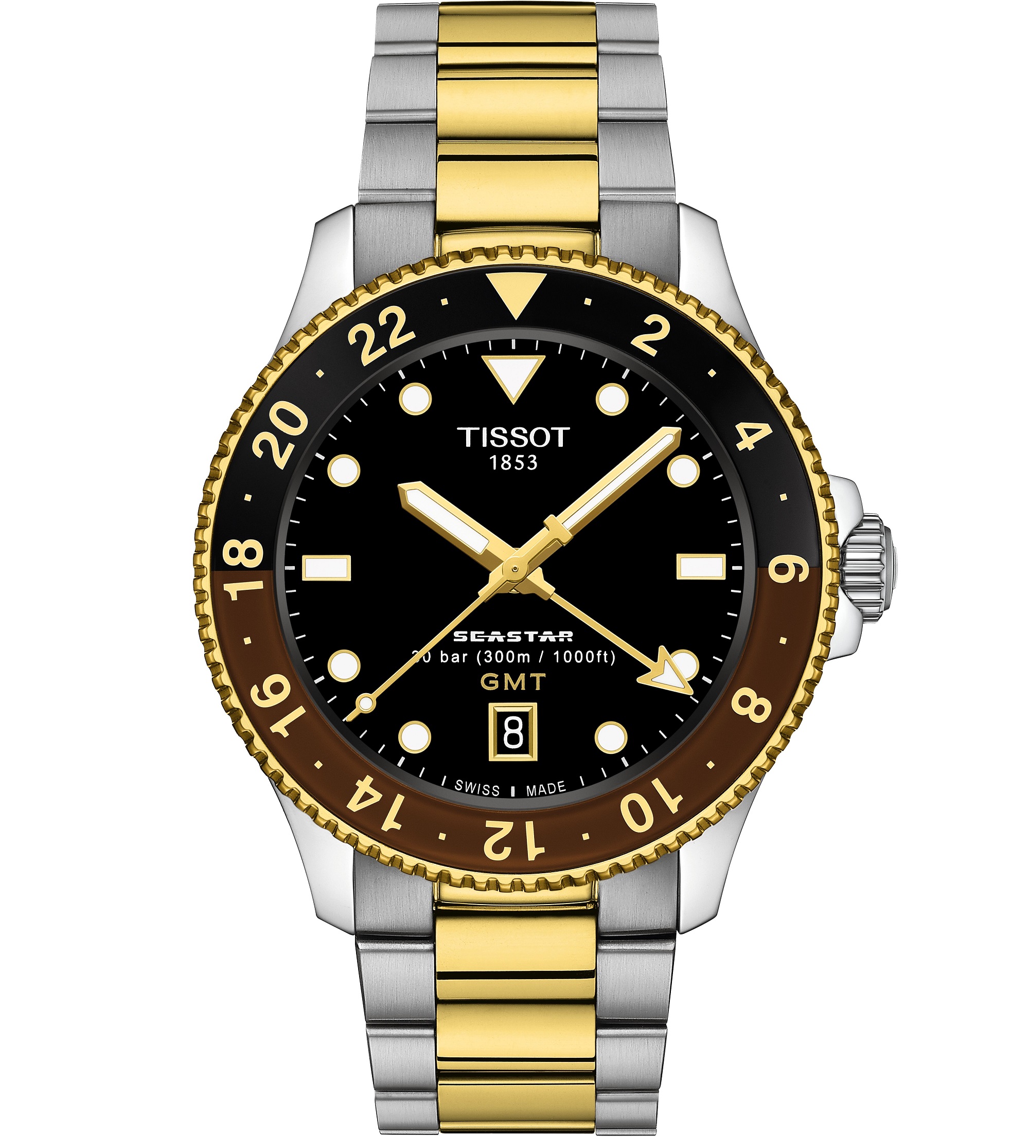 TISSOT Seastar 1000 Quartz GMT Black Dial 40mm Two Tone Gold Stainless Steel Bracelet T120.852.22.051.00 - 