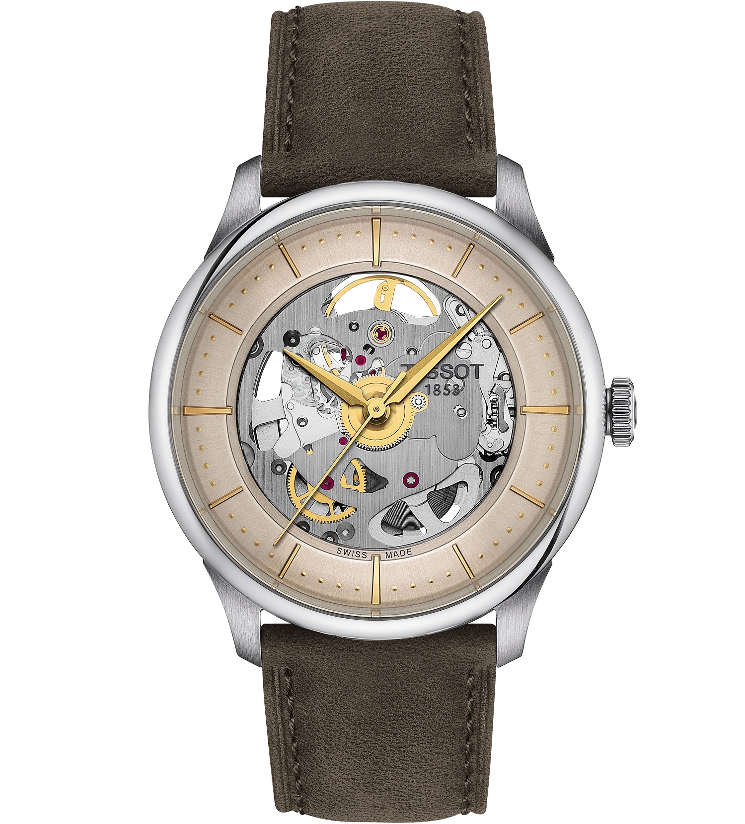 TISSOT Chemin Des Tourelles Powermatic 80 Skeleton Ivory Dial 39mm Silver Stainless Steel Green Leather Strap T139.836.16.261.00 - 