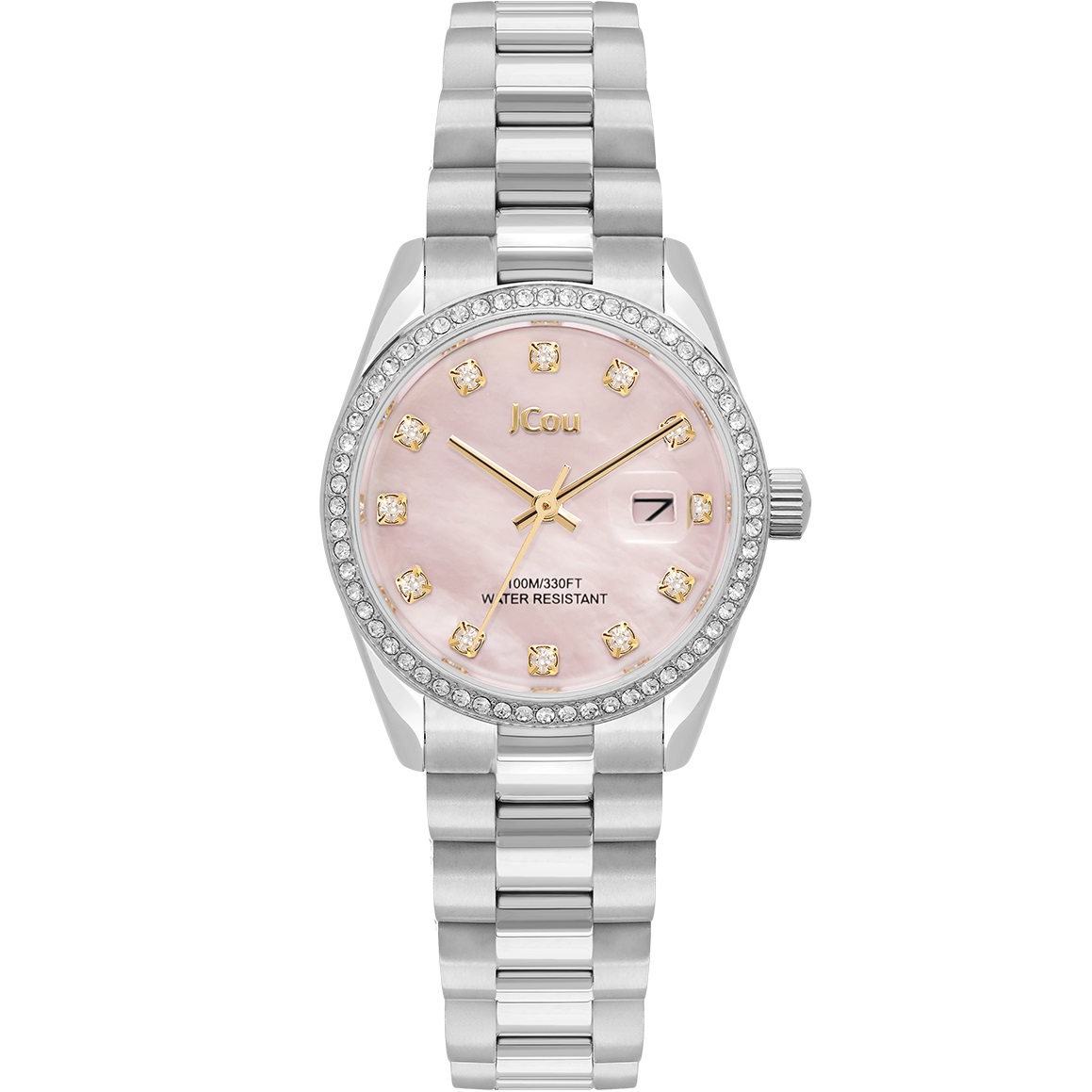 JCOU Iris Crystals Rose Pearl Dial 29mm Silver Stainless Steel Bracelet JU19082-1 - 
