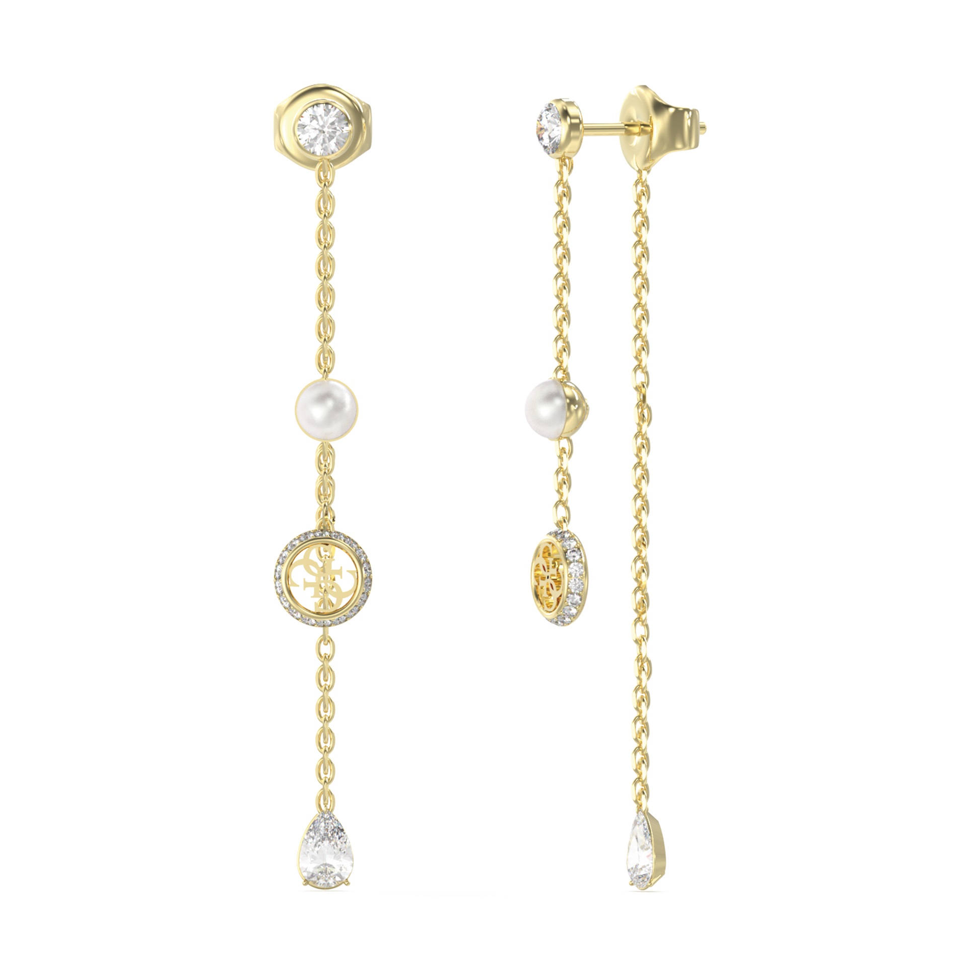 GUESS Jewellery Tiny Pearly Dangle Earrings Gold Plated Stainless Steel with Zircon Stones and Pearls JUBE05513JWYGT/U - 