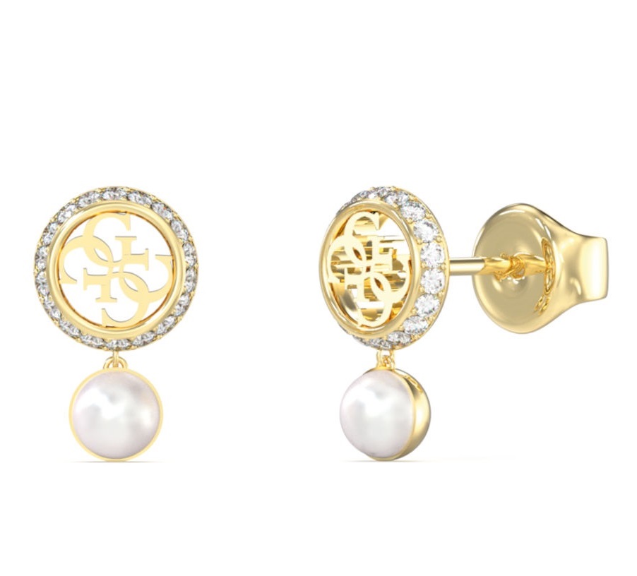 GUESS Jewellery Tiny Pearly Earrings Gold Plated Stainless Steel with Zircon Stones and Pearls JUBE05517JWYGT/U - 