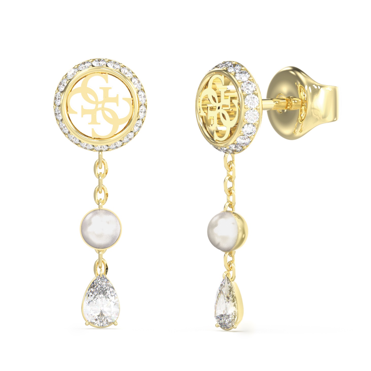 GUESS Jewellery Tiny Pearly Earrings Gold Plated Stainless Steel with Zircon Stones and Pearls JUBE05521JWYGT/U - 
