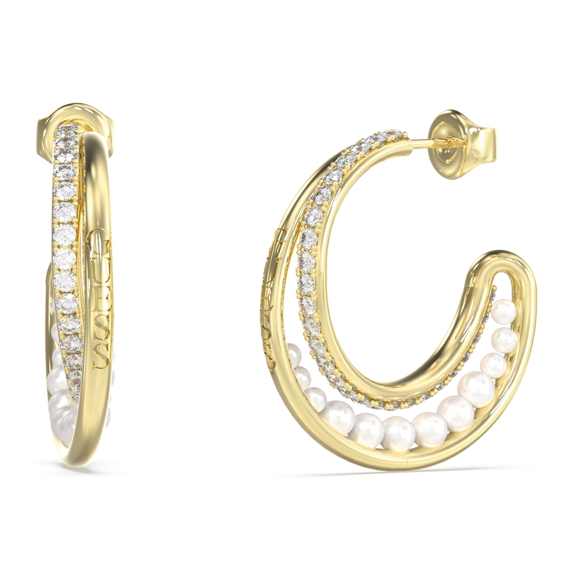 GUESS Jewellery Tiny Pearly Hoops Earrings Gold Plated Stainless Steel with Zircon Stones and Pearls JUBE05524JWYGT/U - 