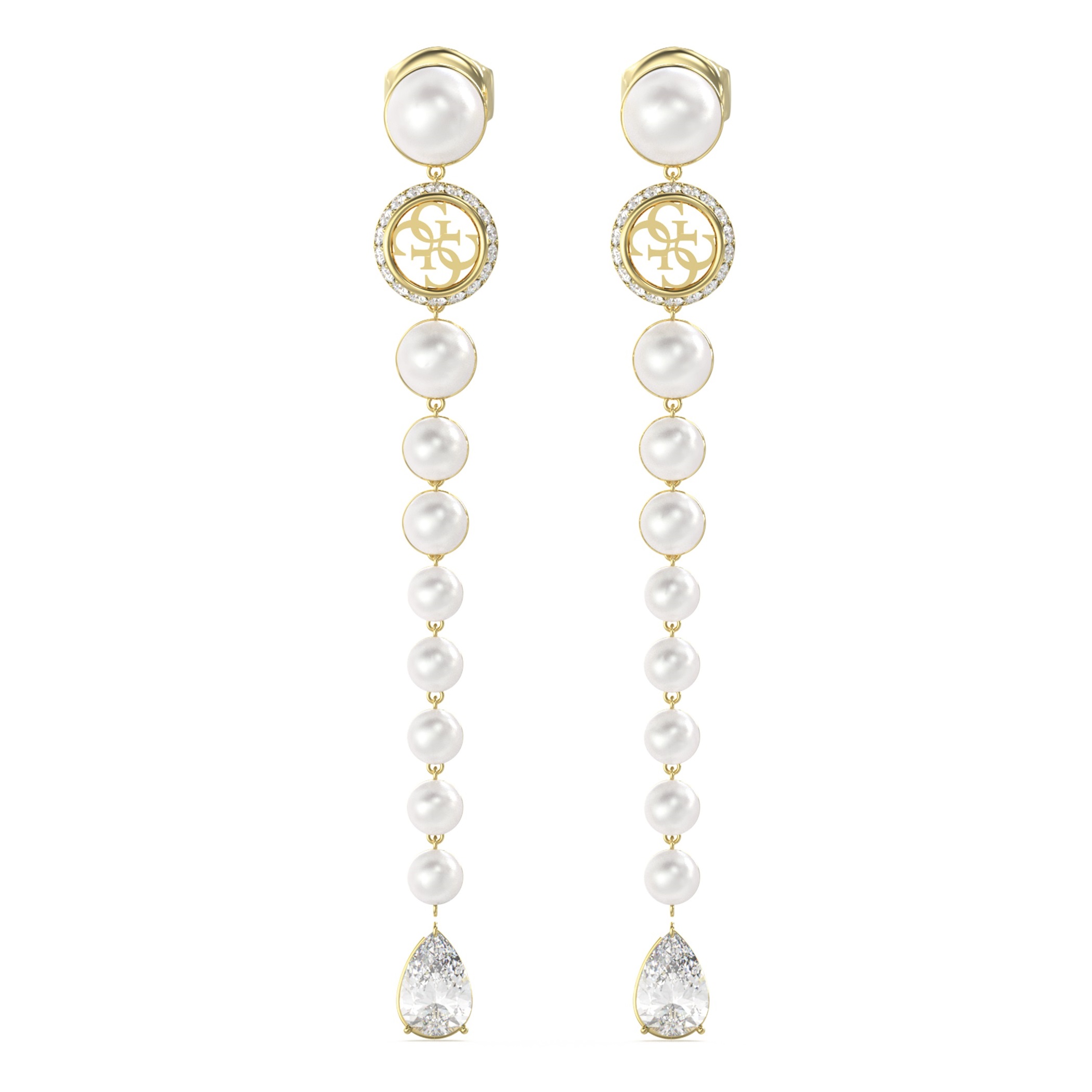 GUESS Jewellery Tiny Pearly Dangle Earrings Gold Plated Stainless Steel with Zircon Stones and Pearls JUBE05578JWYGT/U - 