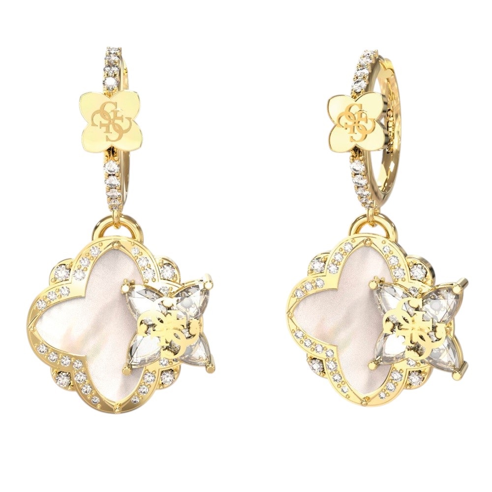 GUESS Jewellery Wildflower Dangle Earrings Gold Plated Stainless Steel with Zircon Stones and Mother of Pearl JUBE05583JWYGT/U - 