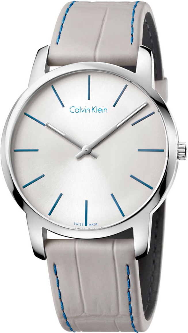 CALVIN KLEIN City Three Hands 43mm  Silver Stainless Steel Gray Leather Strap K2G211Q4 - 