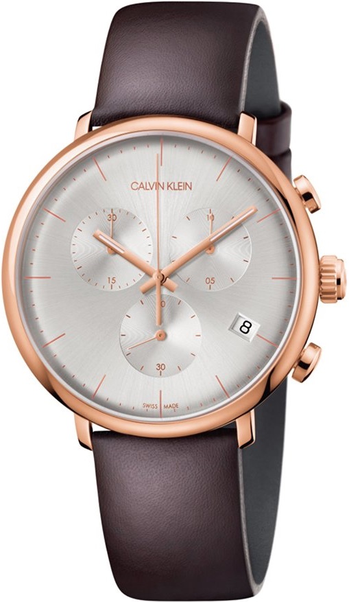 CALVIN KLEIN High Noon Chronograph 43mm Rose Gold Stainless Steel Brown Leather Strap K8M276G6 - 