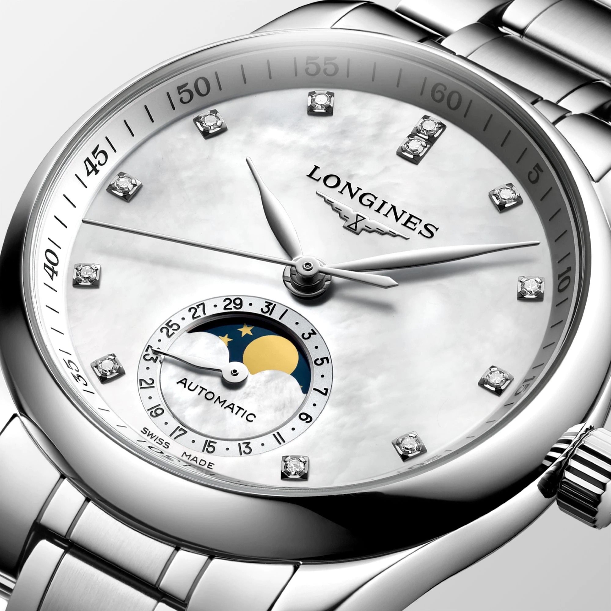 LONGINES Master Collection Lady's Moon Face 34mm Silver Stainless Steel Bracelet L24094876 - 