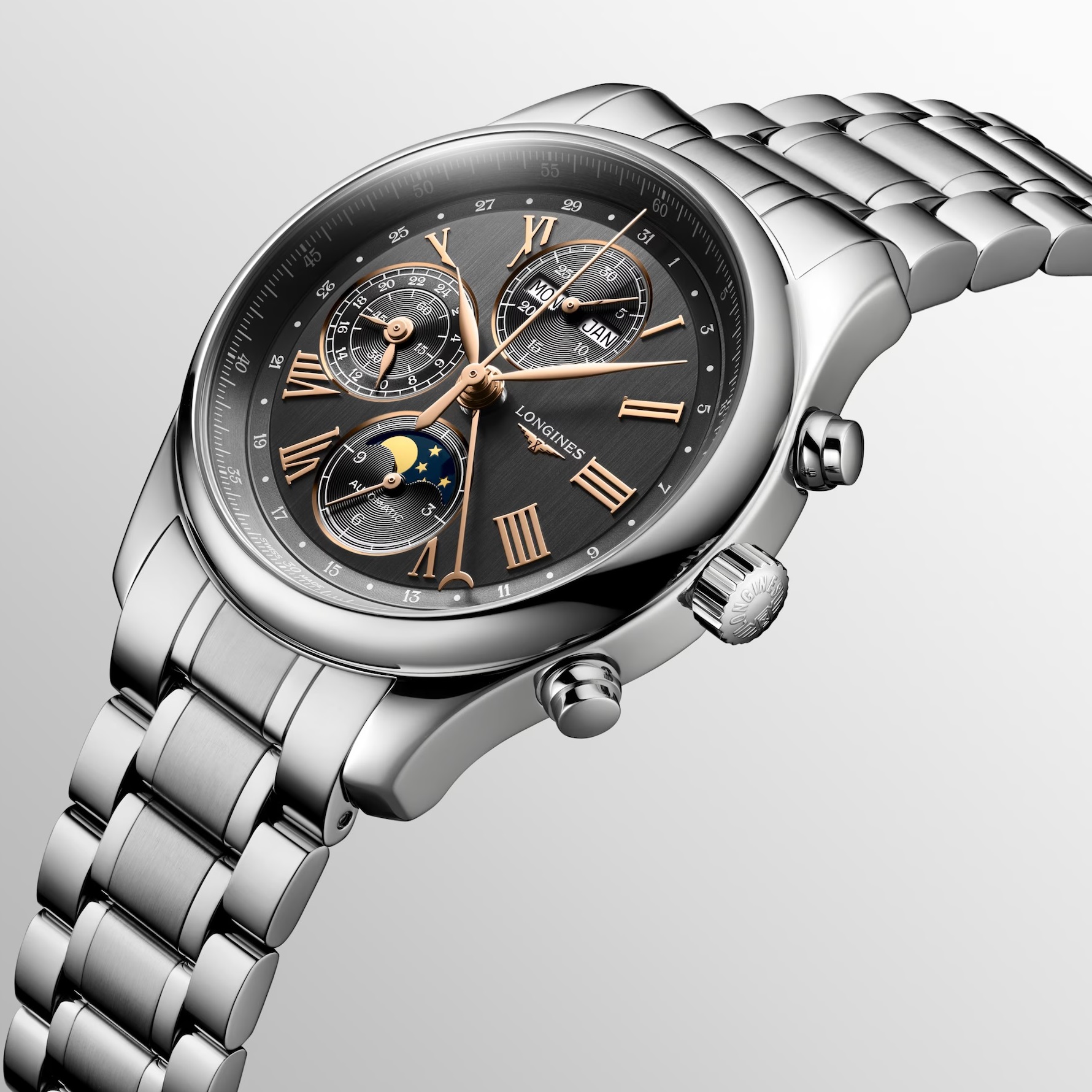 LONGINES Master Collection Chronograph Moon Face Grey Dial 42mm Silver Stainless Steel Bracelet L27734616 - 