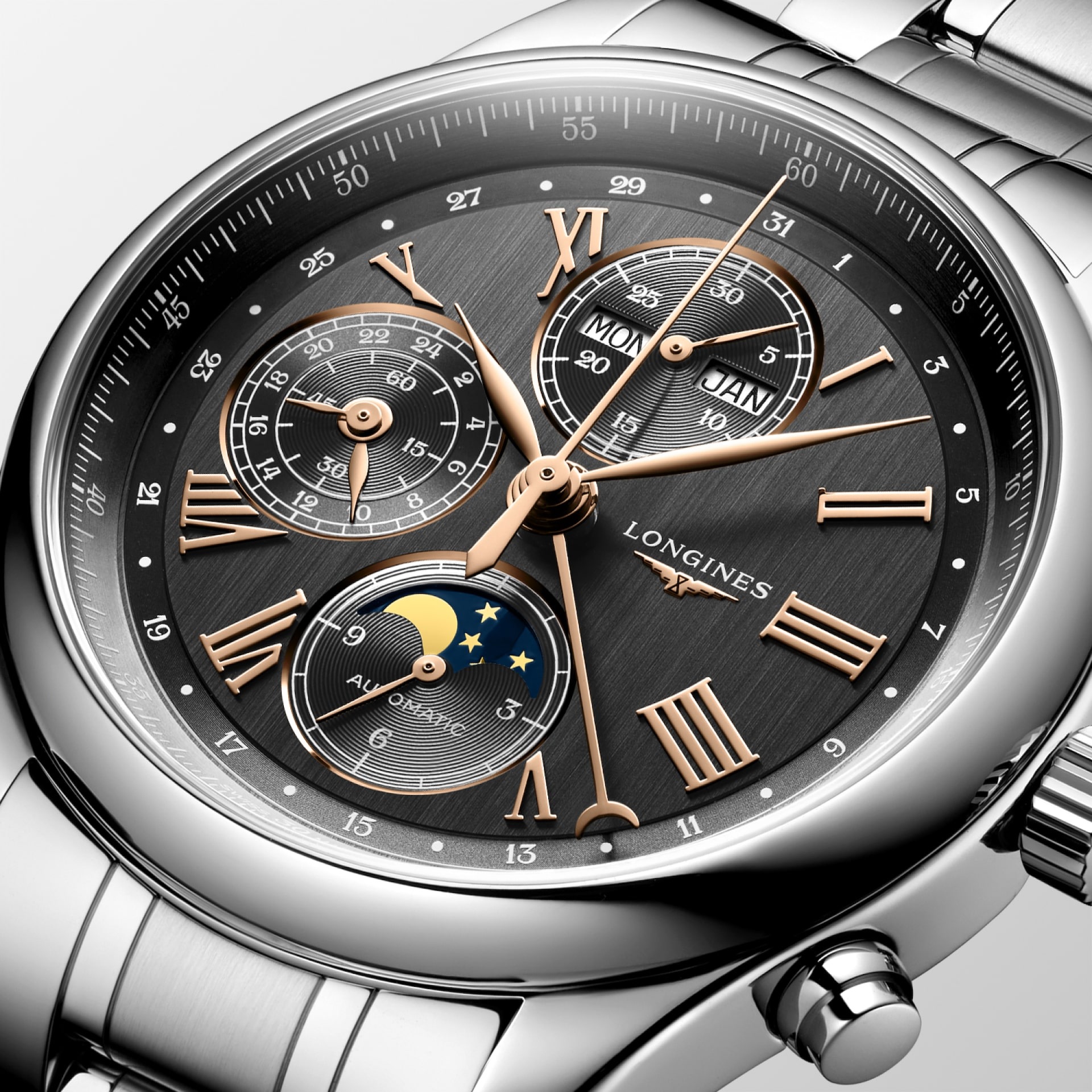 LONGINES Master Collection Chronograph Moon Face Grey Dial 42mm Silver Stainless Steel Bracelet L27734616 - 4