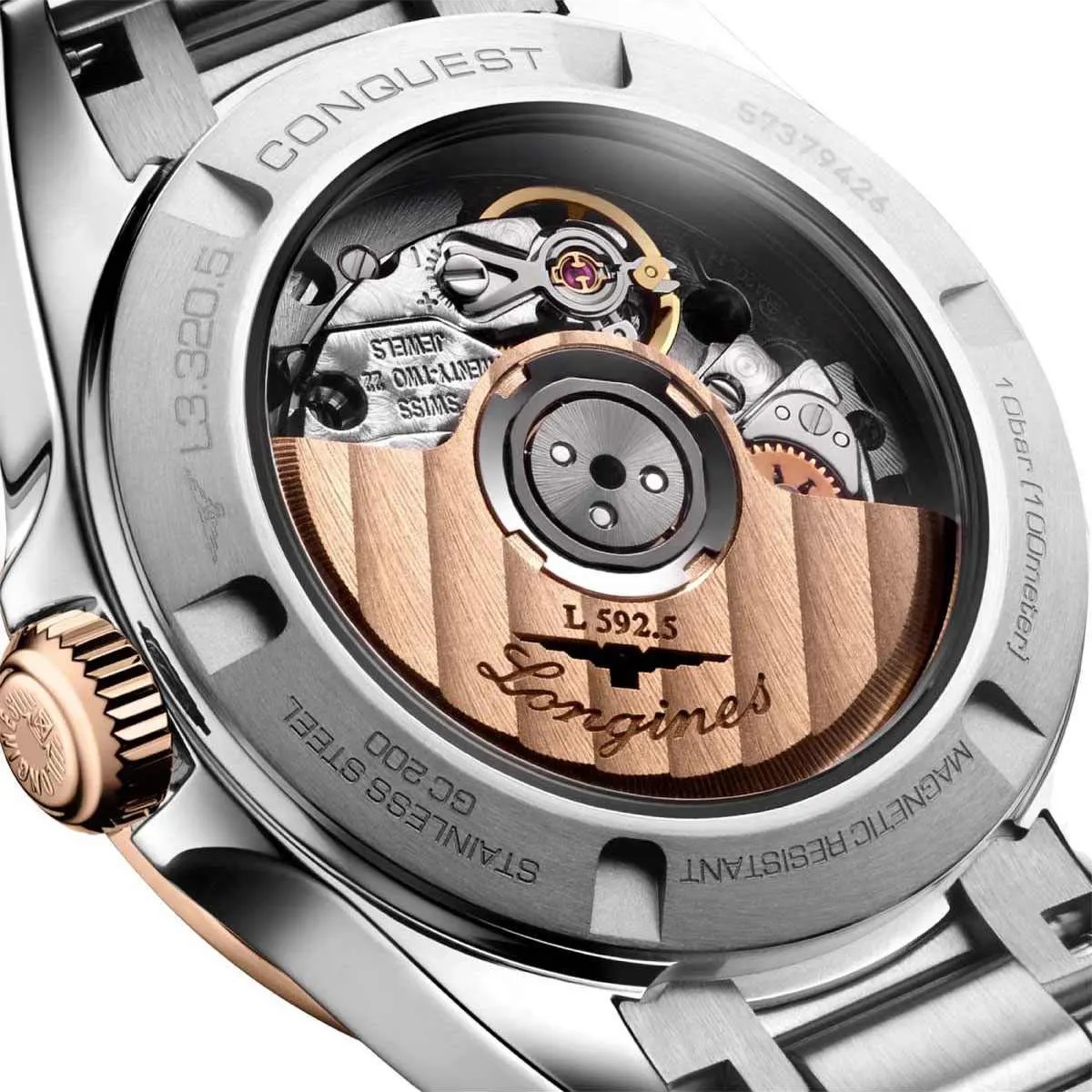 LONGINES Conquest Automatic Sunray Silver Dial 30mm Rose Gold 18 Karat Bezel Silver Stainless Steel Bracelet L33205726 - 3