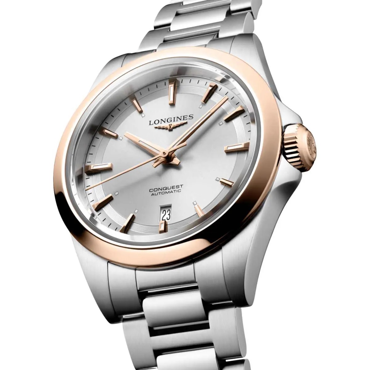LONGINES Conquest Automatic Sunray Silver Dial 30mm Rose Gold 18 Karat Bezel Silver Stainless Steel Bracelet L33205726 - 4