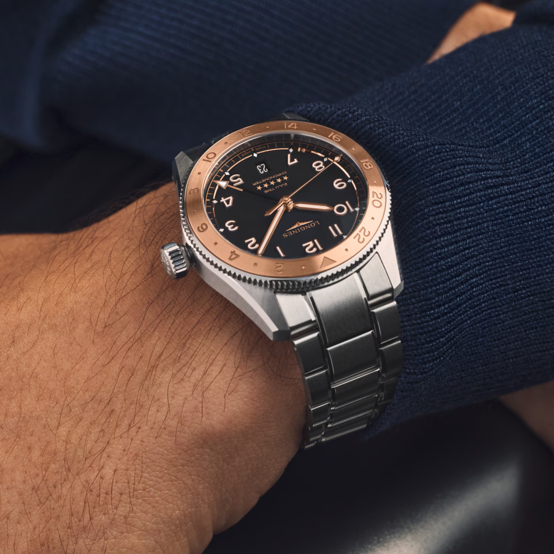 LONGINES Spirit Zulu Time 1925 Rose Gold K18 Besel Black Dial 39mm Silver Stainless Steel Bracelet L38035536 - 3