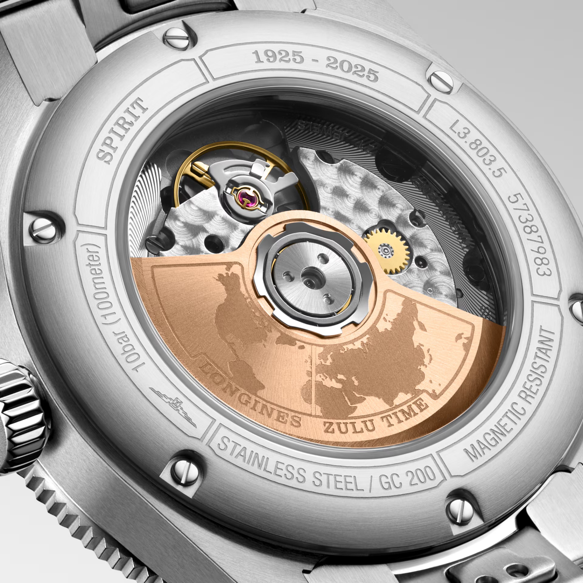 LONGINES Spirit Zulu Time 1925 Rose Gold K18 Besel Black Dial 39mm Silver Stainless Steel Bracelet L38035536 - 5