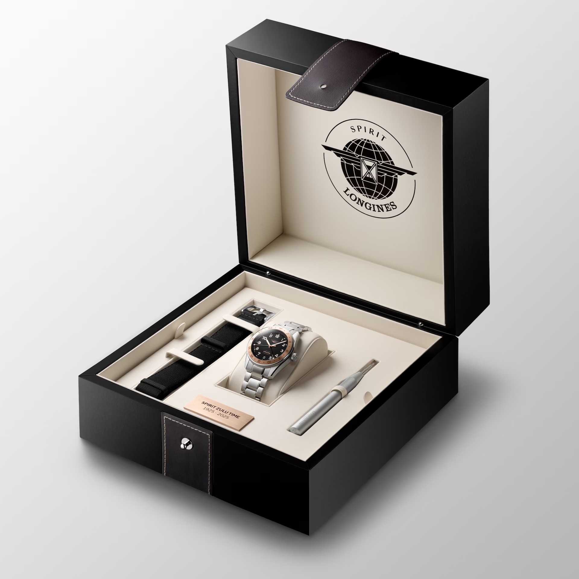 LONGINES Spirit Zulu Time 1925 Rose Gold K18 Besel Black Dial 39mm Silver Stainless Steel Bracelet L38035536 - 9