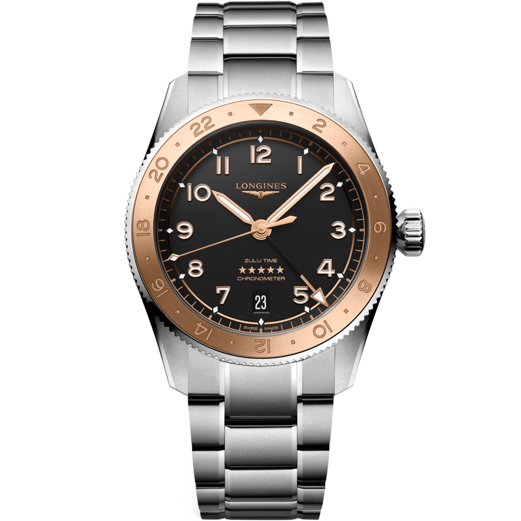 LONGINES Spirit Zulu Time 1925 Rose Gold K18 Besel Black Dial 39mm Silver Stainless Steel Bracelet L38035536 - 