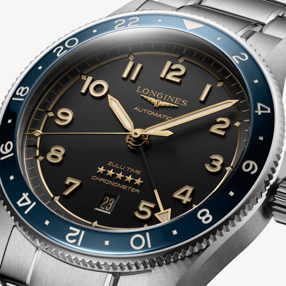 LONGINES Spirit Zulu Time Anthracite Gold Dial 42mm Silver Stainless Steel Bracelet L38124606 - 