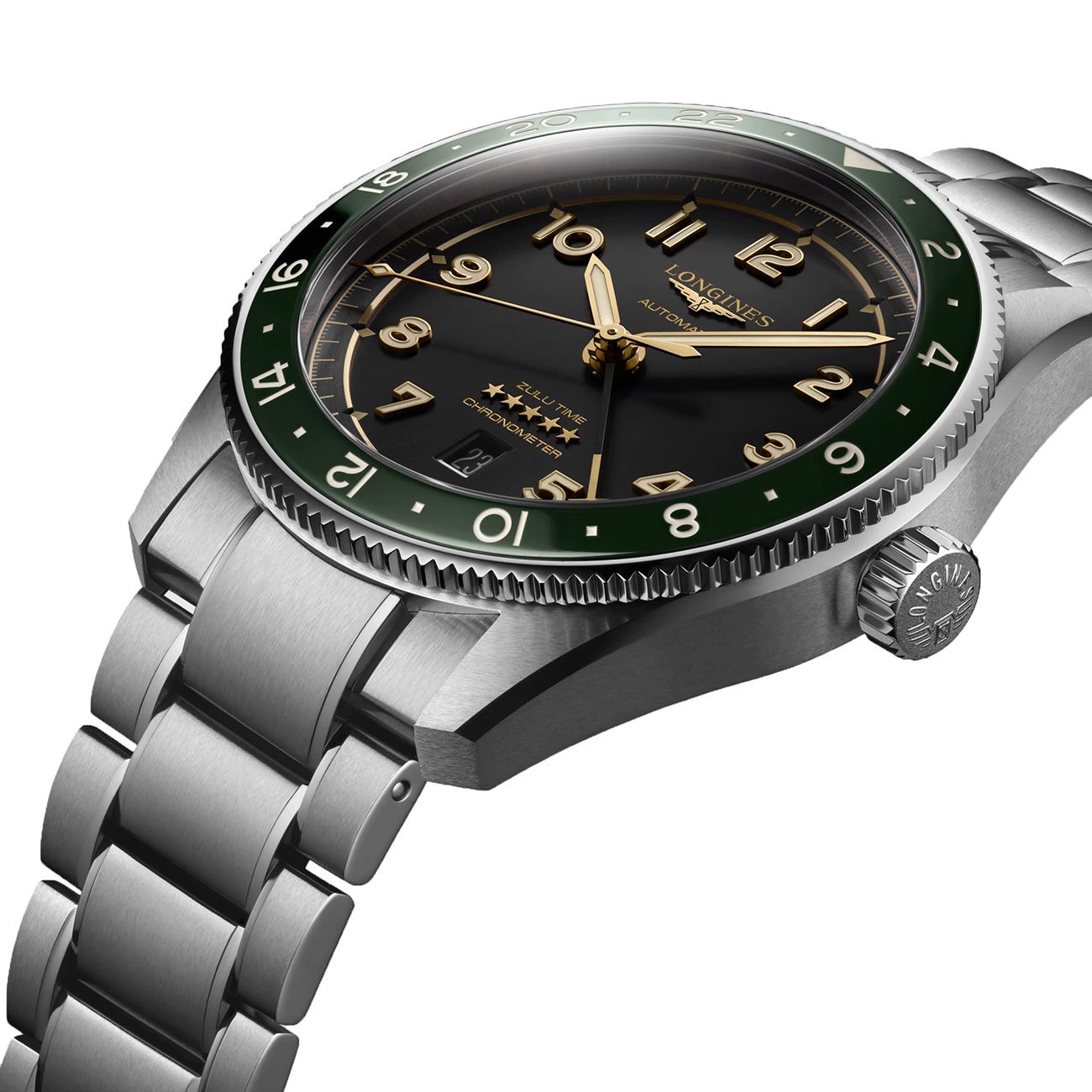 LONGINES Spirit Zulu Time Black Gold Dial 42mm Silver Stainless Steel Bracelet L38124636 - 