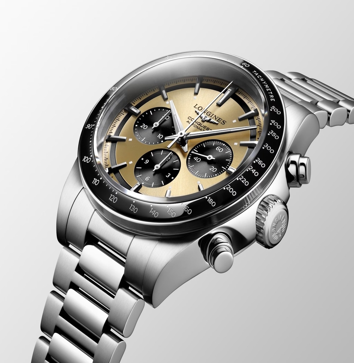 LONGINES Conquest Chronograph Automatic Ceramic Gold Dial 42mm Silver Stainless Steel Bracelet L38354326 - 