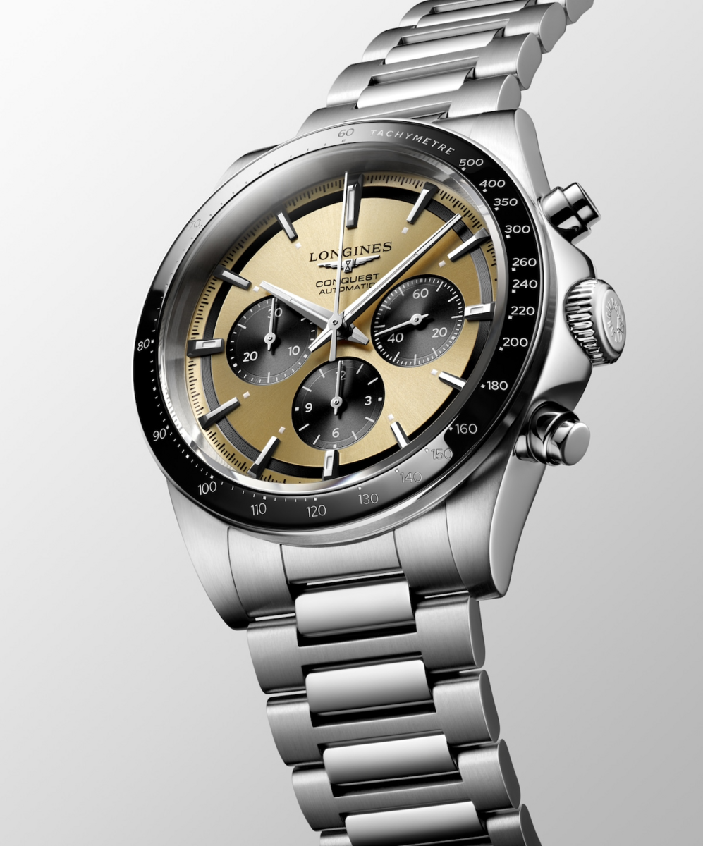 LONGINES Conquest Chronograph Automatic Ceramic Gold Dial 42mm Silver Stainless Steel Bracelet L38354326 - 3