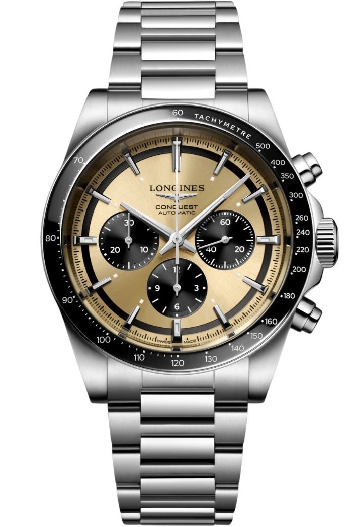 LONGINES Conquest Chronograph Automatic Ceramic Gold Dial 42mm Silver Stainless Steel Bracelet L38354326 - 