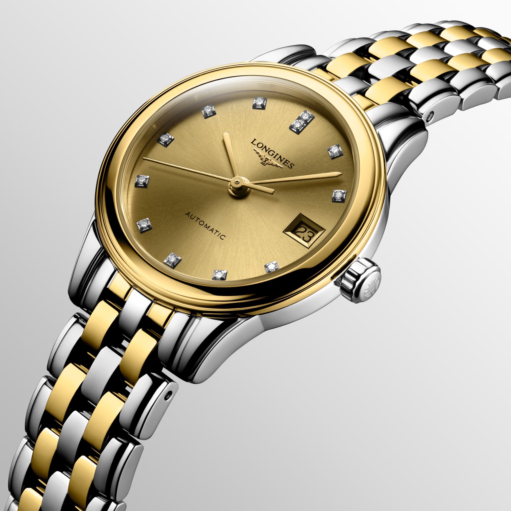 LONGINES Flagship Automatic Gold Dial with Diamonds 26mm Two Tone Gold Stainless Steel Bracelet L42743377 - 
