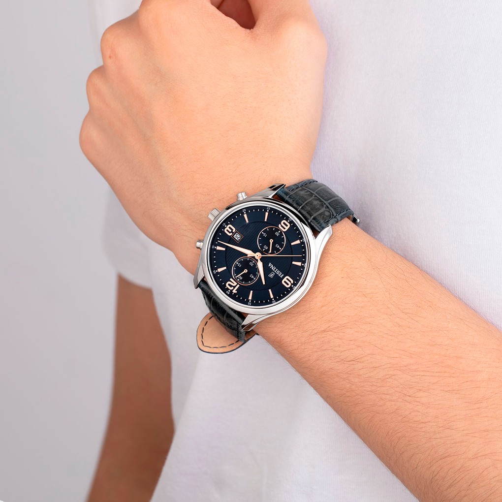 FESTINA Timeless Chronograph Black Rose Gold Dial 42mm Silver Stainless Steel Black Leather Strap F6855/7 - 