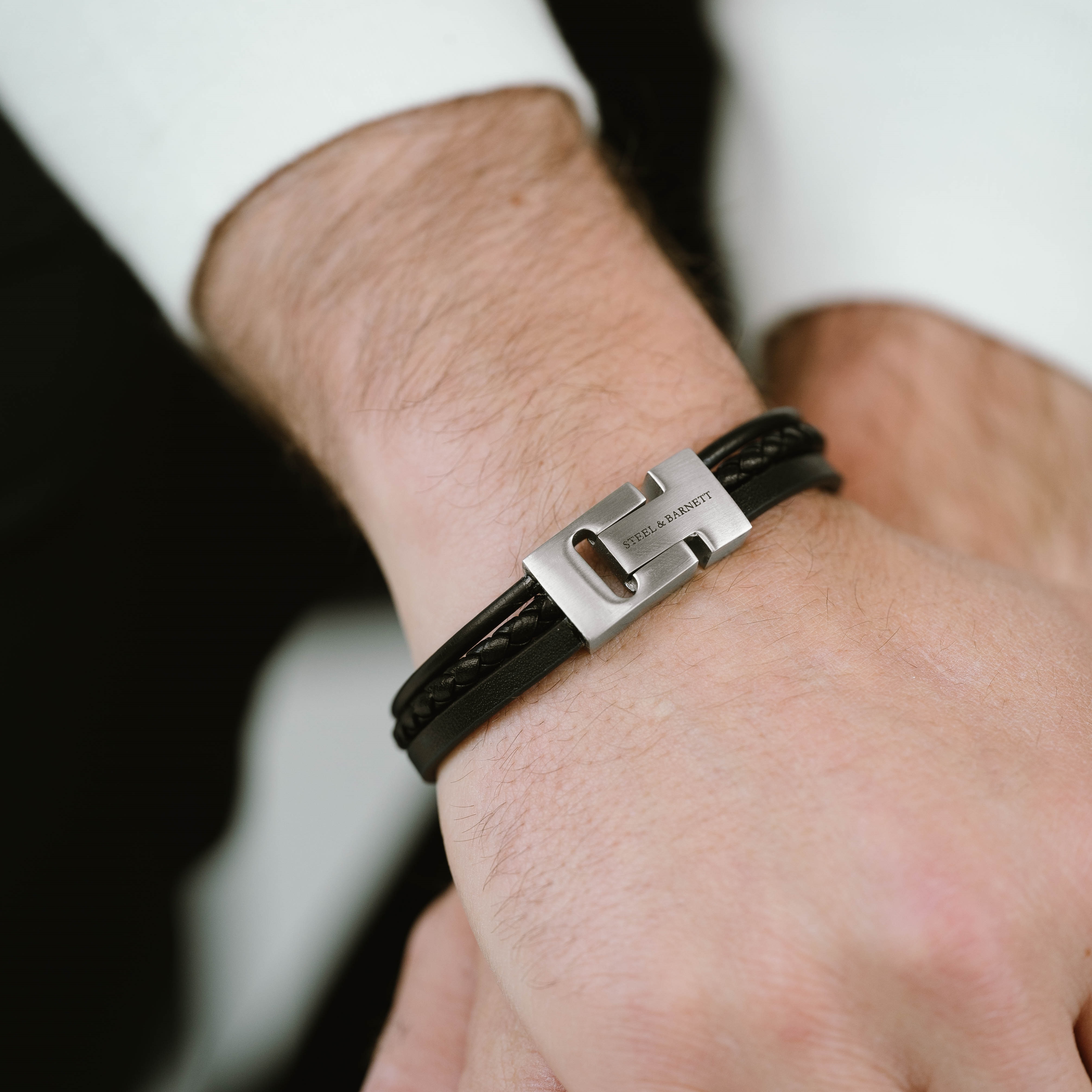 ΒΡΑΧΙΟΛΙ Ανδρικό STEEL & BARNETT Casual Code από Μαύρο Δέρμα και Ασημί Ανοξείδωτο Ατσάλι LBCC001 - 3