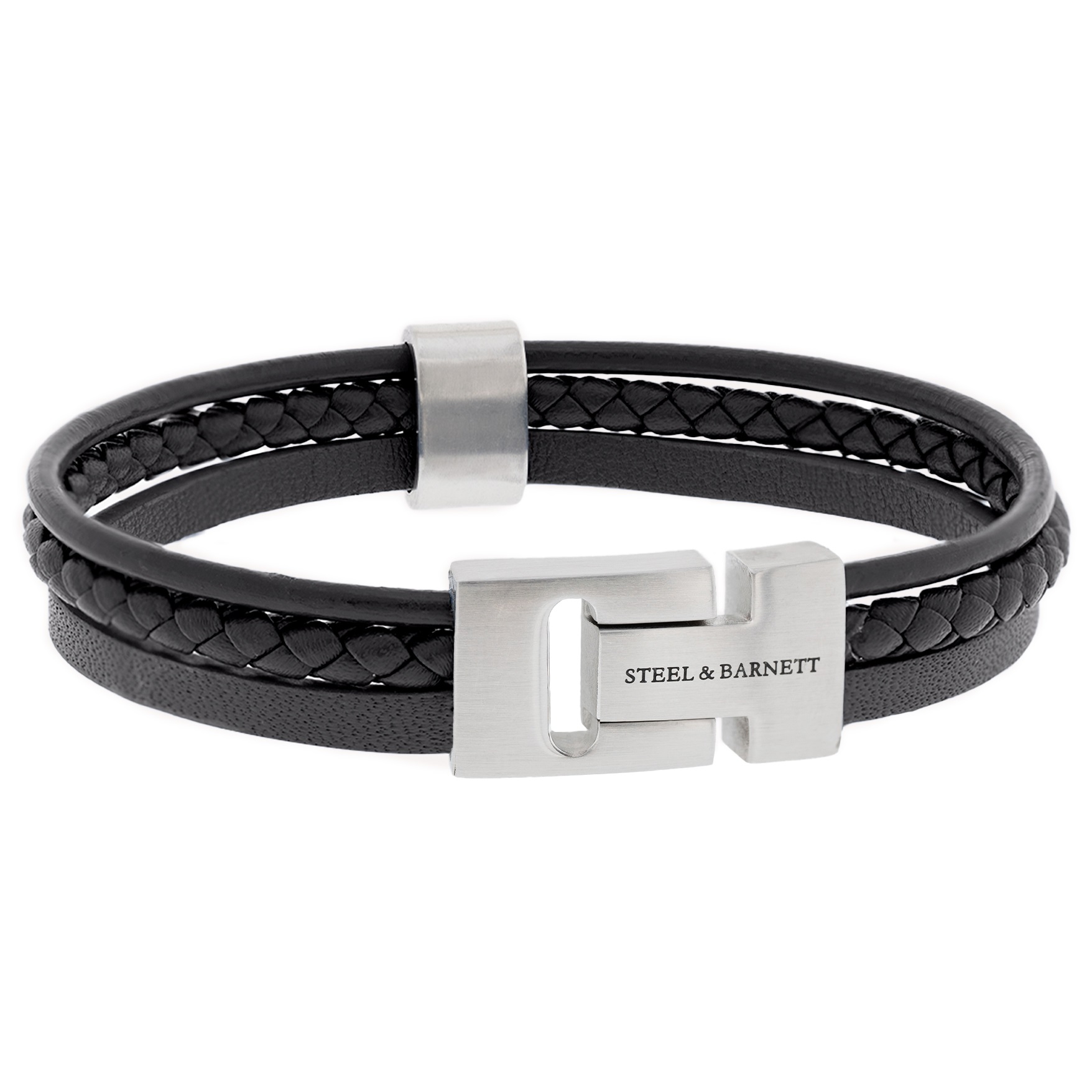 STEEL & BARNETT Casual Code Men's Bracelet in Black Leather and Silver Stainless Steel LBCC001 - 