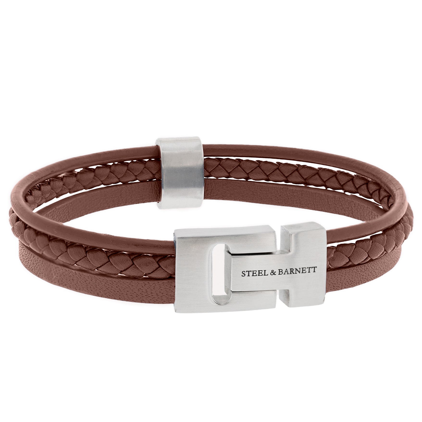 STEEL & BARNETT Casual Code Men's Bracelet in Brown Leather and Silver Stainless Steel LBCC003 - 