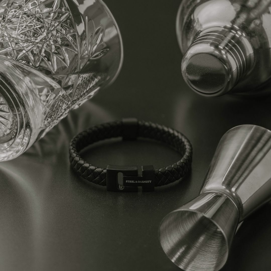 STEEL & BARNETT Harrison Men's Bracelet in Black Leather and Black Stainless Steel LBH007 - 