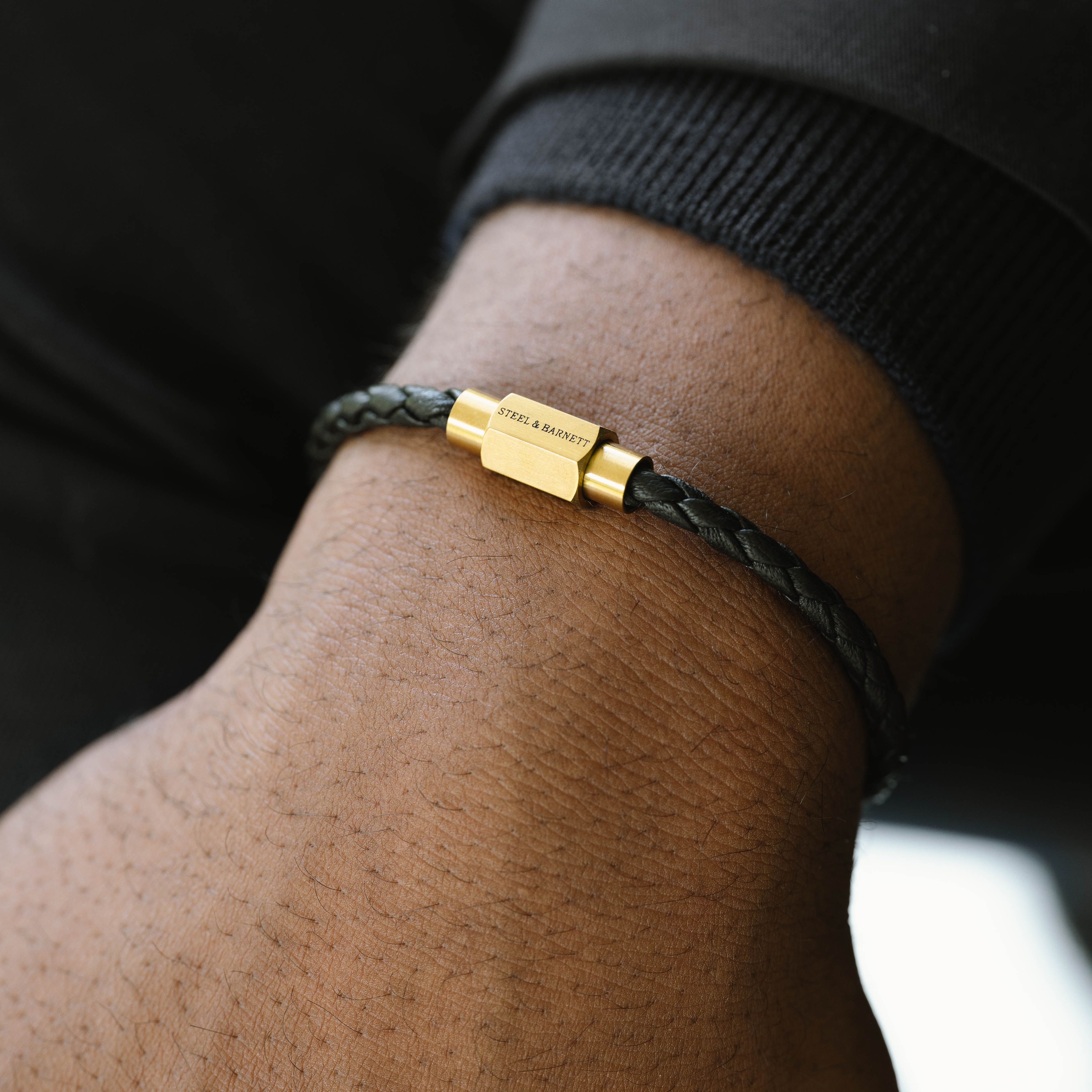 STEEL & BARNETT Luke Landon Men's Bracelet in Black Leather and Gold-Plated Stainless Steel LBLL002 - 