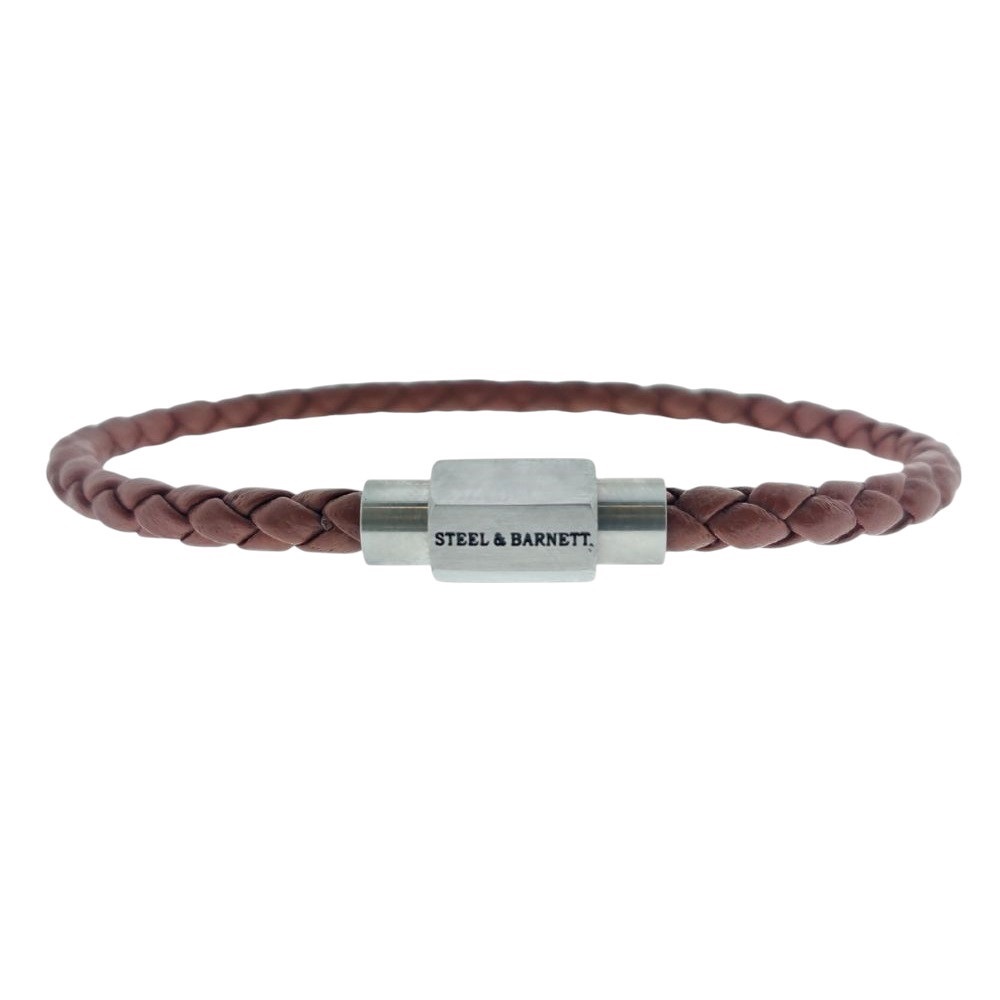 STEEL & BARNETT Luke Landon Men's Bracelet in Brown Leather and Silver Stainless Steel LBLL005 - 