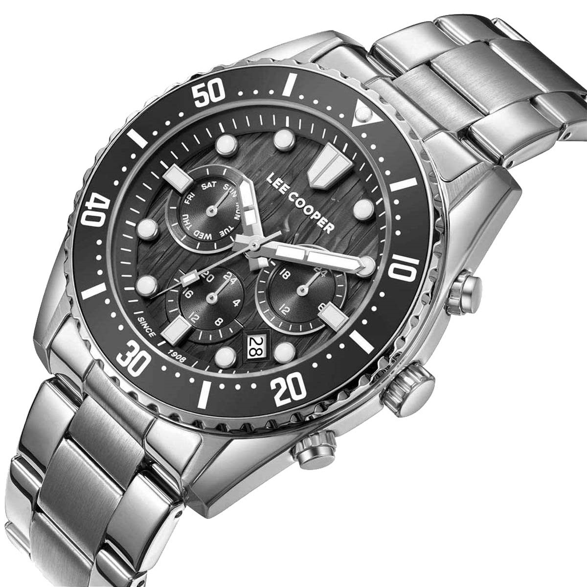LEE COOPER Dual Time Multifunction Black Dial 43mm Silver Stainless Steel Bracelet LC08101.350 - 