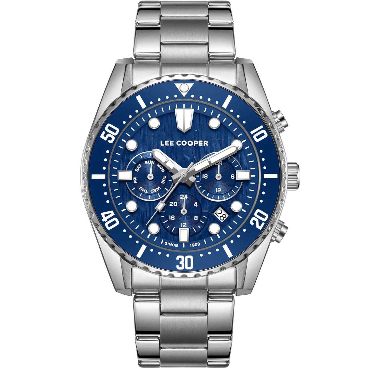 LEE COOPER Dual Time Multifunction Blue Dial 43mm Silver Stainless Steel Bracelet LC08101.390 - 