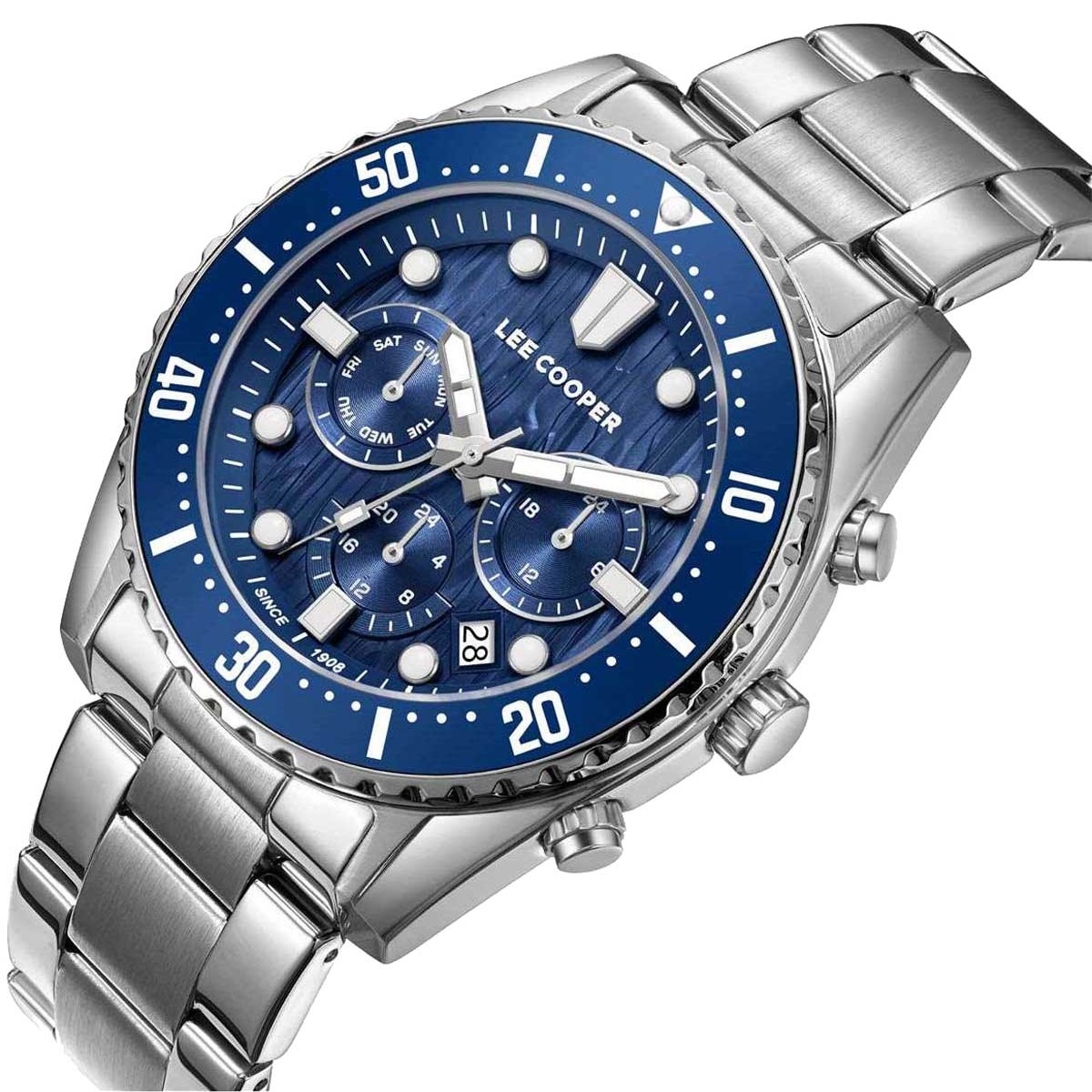 LEE COOPER Dual Time Multifunction Blue Dial 43mm Silver Stainless Steel Bracelet LC08101.390 - 