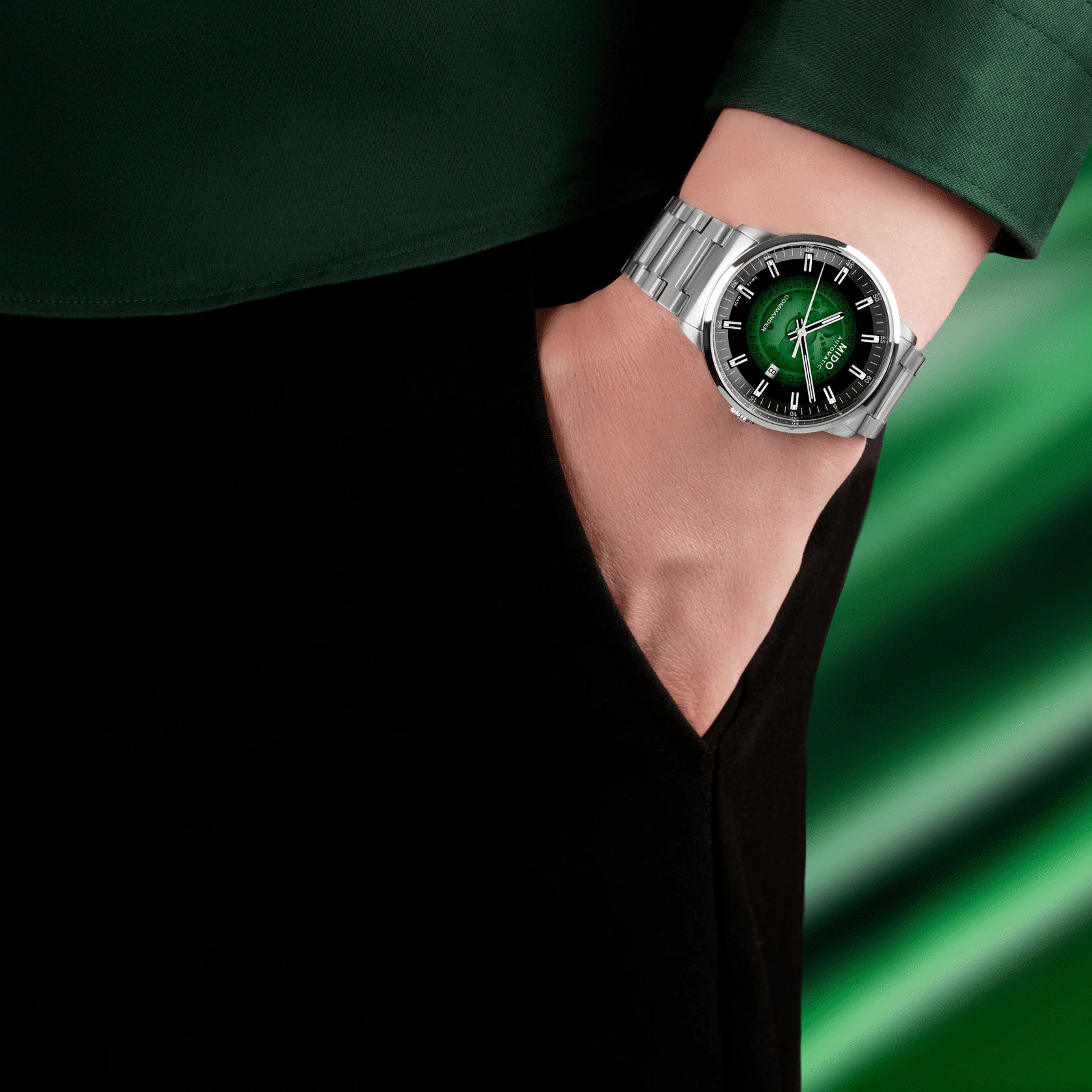 MIDO Commander Gradient See-Through Green Dial 40mm Silver Stainless Steel Bracelet M021.407.11.411.03 - 4