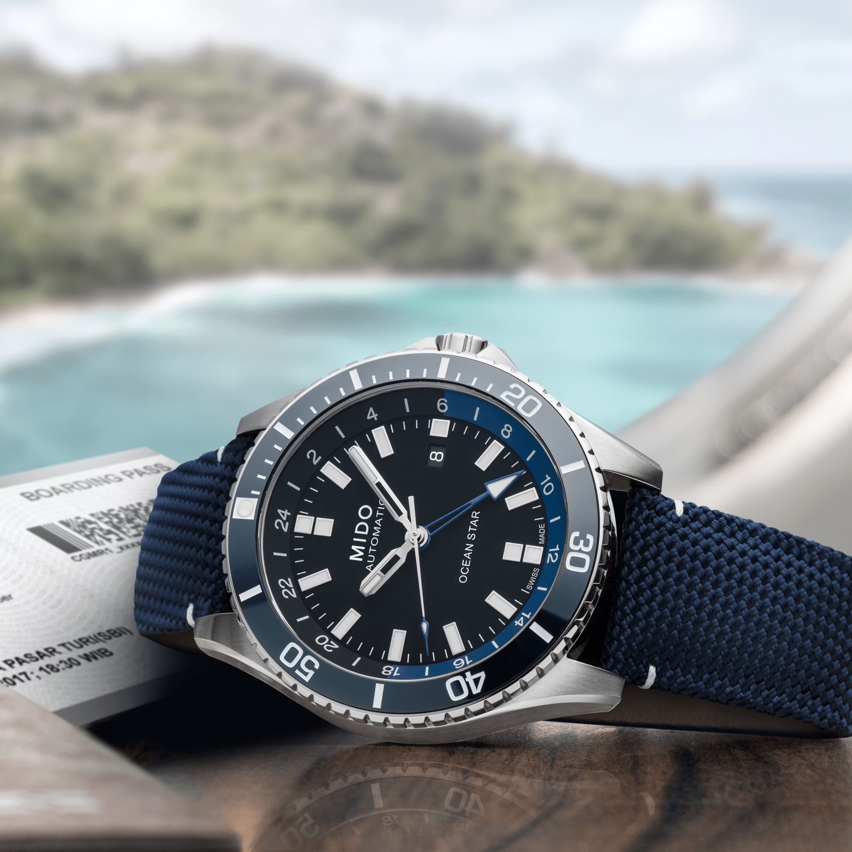 MIDO Ocean Star GMT Black Dial 44mm Silver Stainless Steel Blue Fabric Strap M026.629.17.051.00 - 5