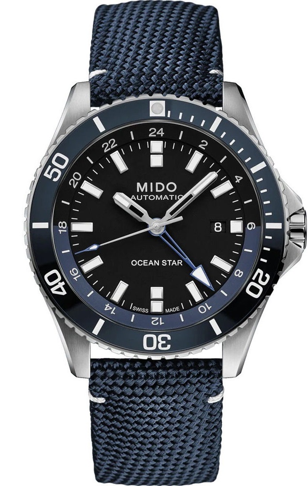 MIDO Ocean Star GMT Black Dial 44mm Silver Stainless Steel Blue Fabric Strap M026.629.17.051.00 - 