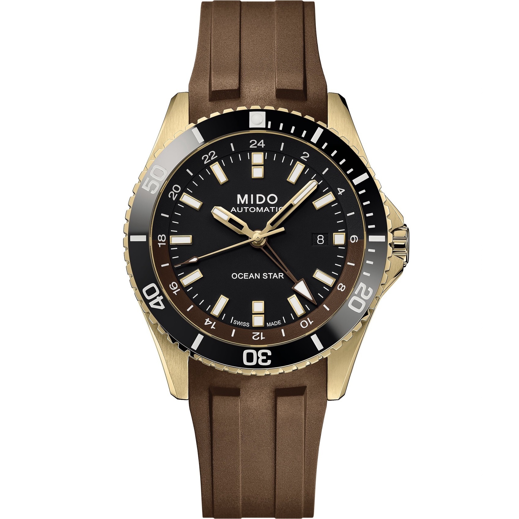 MIDO Ocean Star GMT Black Dial 44mm Gold Stainless Steel Brown Rubber Strap M026.629.37.291.00 - 