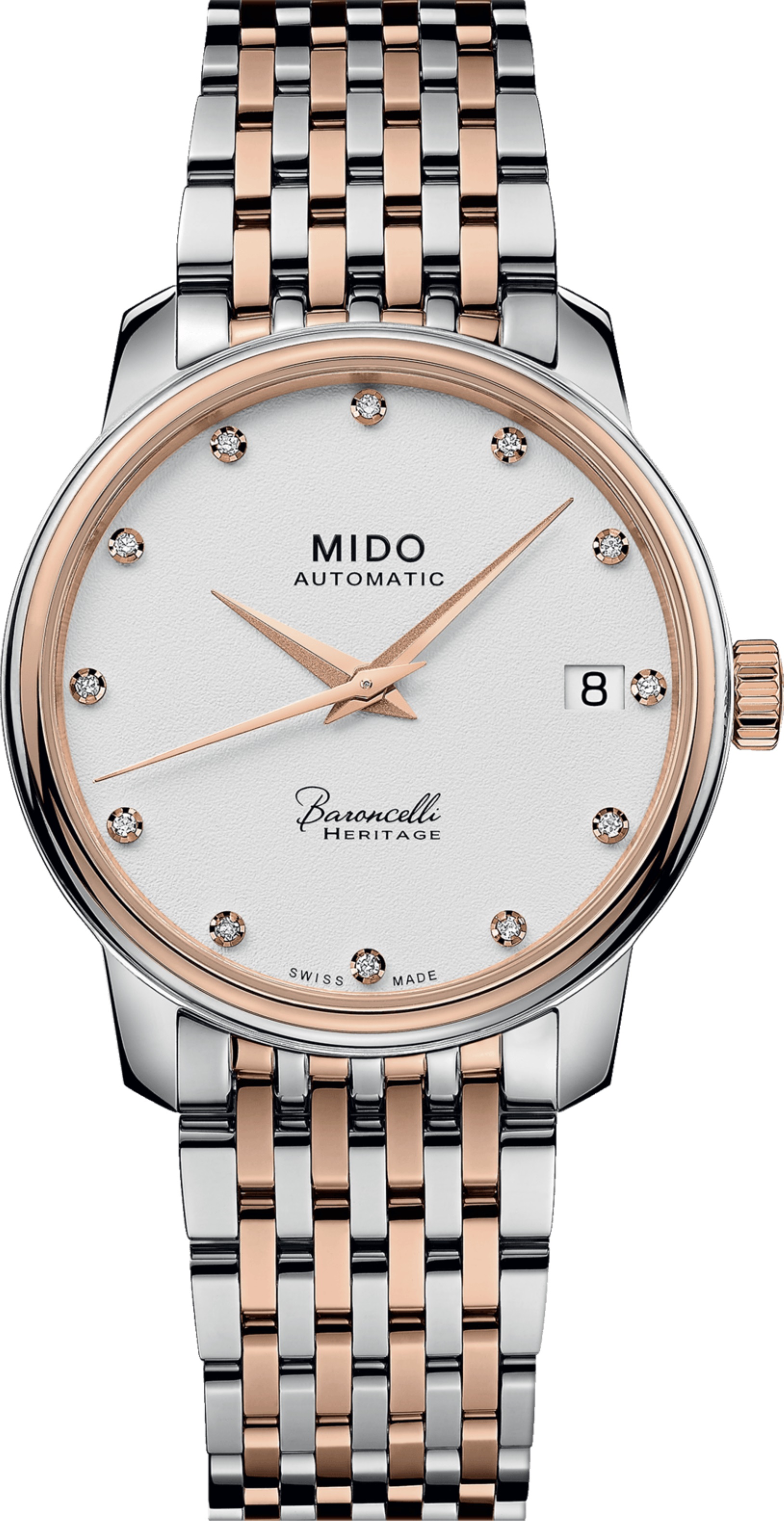 MIDO Baroncelli Heritage Lady Diamonds 33mm Silver & Rose Gold Stainless Steel Bracelet M027.207.22.016.00 - 