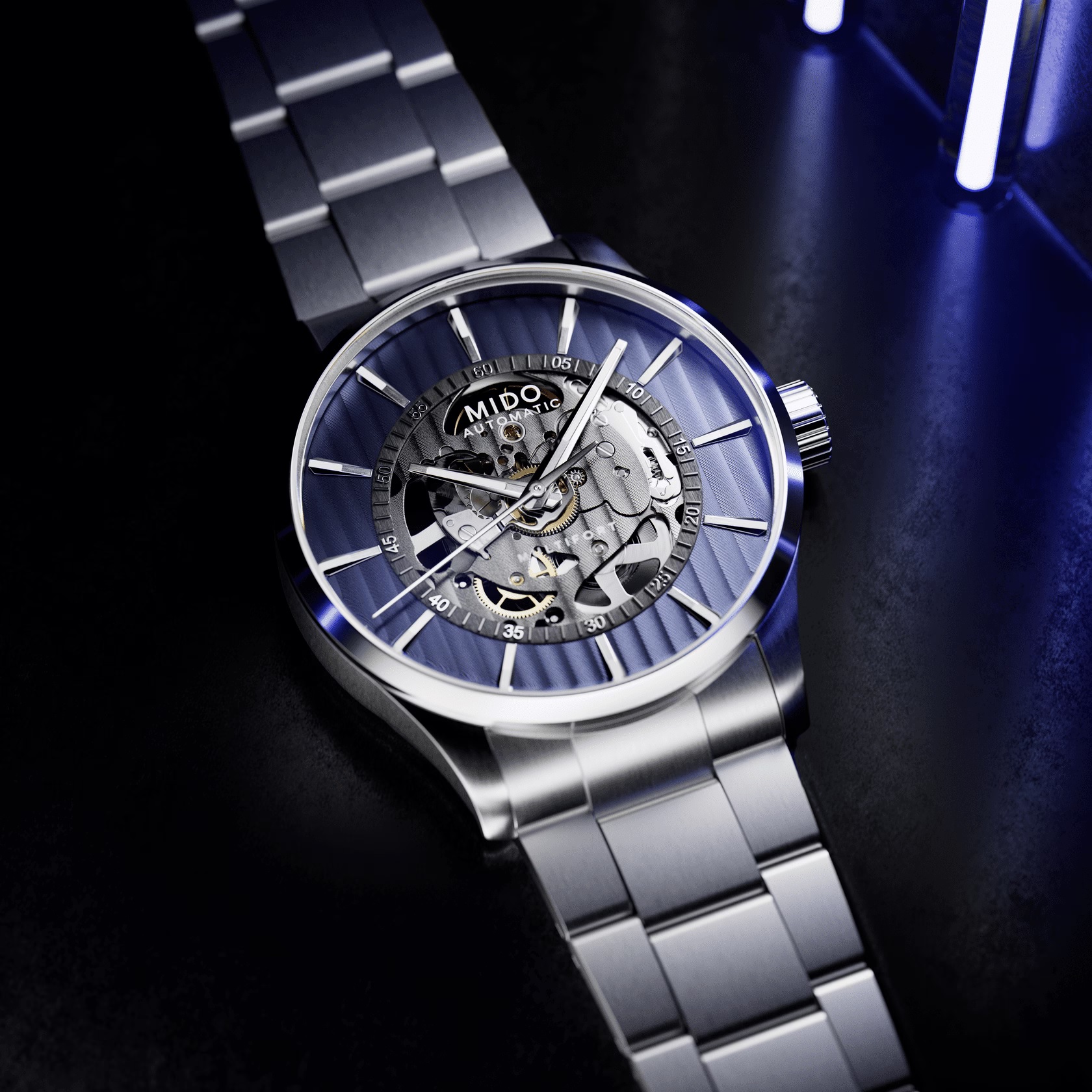 MIDO Multifort Skeleton Vertigo Blue Dial 42mm Silver Stainless Steel Bracelet M038.436.11.041.00 - 5