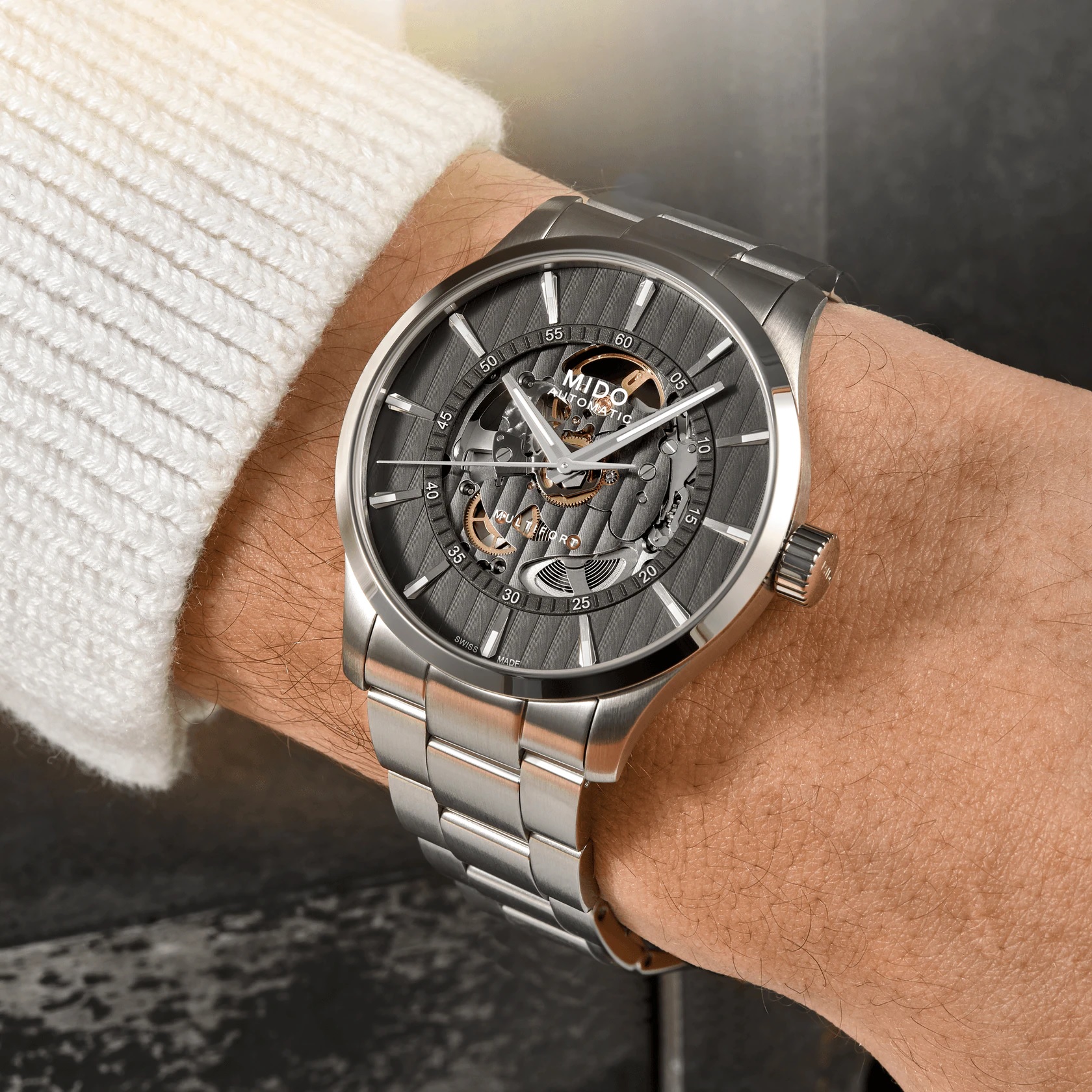 MIDO Multifort Skeleton Vertigo Grey Dial 42mm Silver Stainless Steel Bracelet M038.436.11.061.00 - 