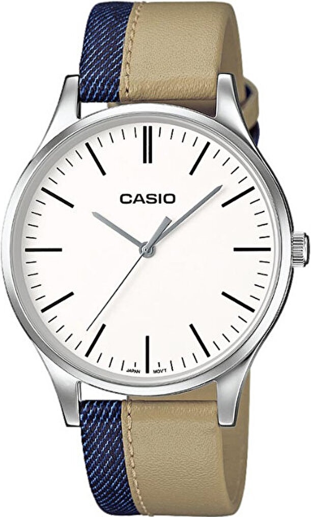 CASIO Classic Three Hands 38mm Silver Stainless Steel Beige & Blue Leather Strap MTP-E133L-7EEF - 