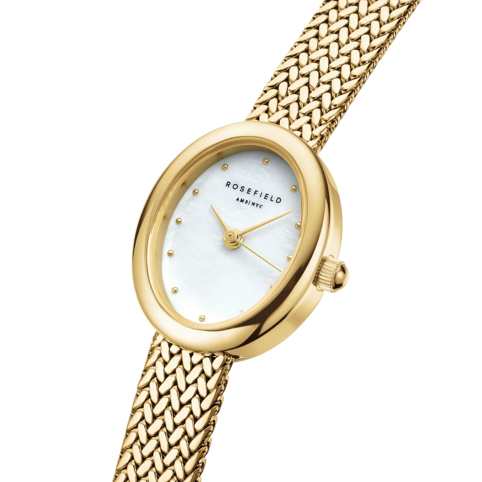ROSEFIELD Mini Oval White Mother of Pearl Dial 18x22mm Gold-Plated Stainless Steel Mesh Bracelet MWGMG-M02 - 