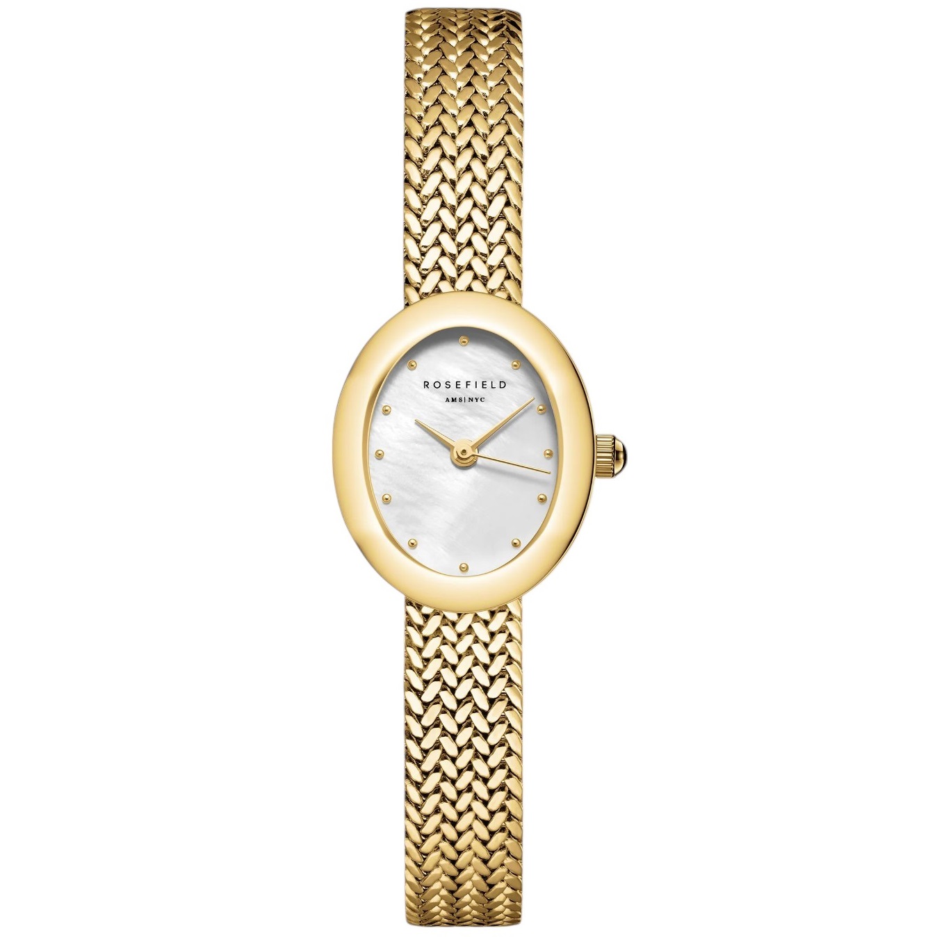 ROSEFIELD Mini Oval White Mother of Pearl Dial 18x22mm Gold-Plated Stainless Steel Mesh Bracelet MWGMG-M02 - 